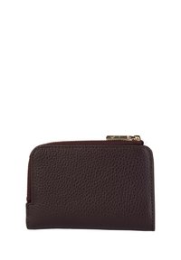 Portafoglio in pelle marrone con finitura testurizzata, forma rettangolare e zip color oro. Design compatto con un interno liscio per la conservazione delle carte.