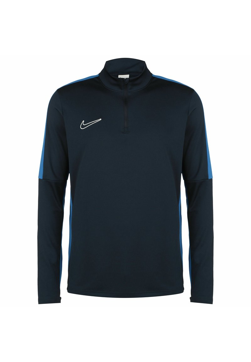 Marineblaues langärmliges Sportoberteil mit einem halben Reißverschluss am Kragen. Verfügt über blaue Akzente an den Ärmeln und ein weißes Nike-Logo auf der Brust. Glattes Material.