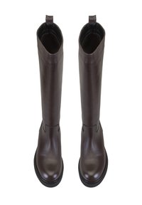 Braune Lederkniehighe Stiefel mit strukturiertem Finish, runder Zehenform und schwarzer Gummisohle. Mit einer Zuglasche oben für einfaches An- und Ausziehen.