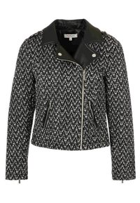 Kappa med svartvitt hundtandmönster och krage i falsk läder med dragkedja fram. Har två sidofickor och en figurnära silhuett.