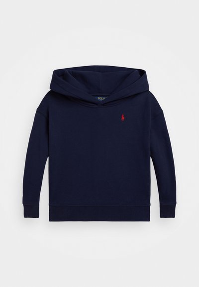 Μπλούζα φούτερ ναυτικού μπλε από βαμβάκι, με μεγάλη κουκούλα, μακριά μανίκια, ribbed μανσέτες και ένα μικρό κόκκινο λογότυπο στο στήθος.