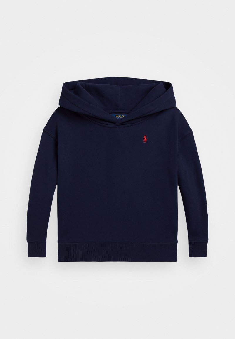 Sweatshirt azul marinho feito de algodão, apresentando um capuz grande, mangas longas, punhos canelados e um pequeno logo vermelho no peito.