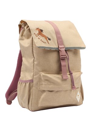 Zaino in tessuto beige con chiusura a patta, dettagli rosa, ricamo di un cavallo e tasca frontale. Spallacci imbottiti per il comfort.