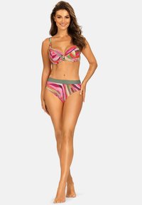 Wielokolorowy zestaw bikini z kwiatowym wzorem, stanik na drutach z regulowanymi ramiączkami oraz wysokim stanem, gładkie bikini. 