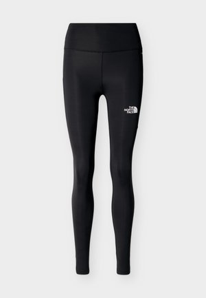 Μαύρα αθλητικά κολάν με ψηλή μέση και το λογότυπο The North Face στο επάνω αριστερό μηρό, απεικονιζόμενα σε απλό ανοιχτό γκρι φόντο.