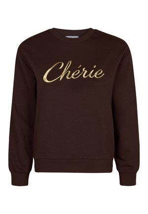 Bruine sweatshirt met een gouden geborduurde tekst "Chérie." Ronde hals, lange mouwen en ribbels aan de mouwen en onderkant. Zachte stofstructuur.