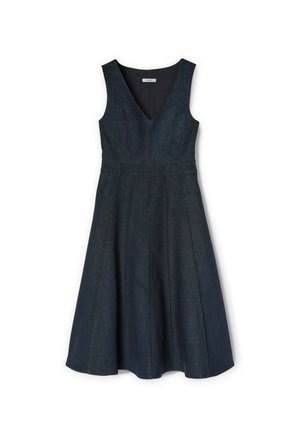 Donker denim mouwloze jurk met een V-hals, een aansluitende bovenkant en een klokvormige rok met verticale naden en een knielange zoom.