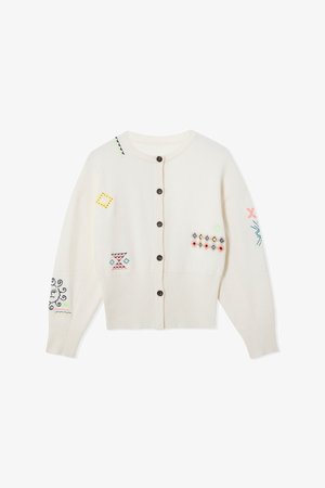 Gilet couleur crème avec fermeture à boutons, poignets côtelés et motifs brodés colorés sur les manches et le devant. Texture en tricot douce.