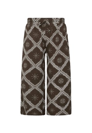 Pantalones marrones de pierna ancha con un patrón geométrico blanco de diamantes y círculos, con cintura ajustable con cordón.