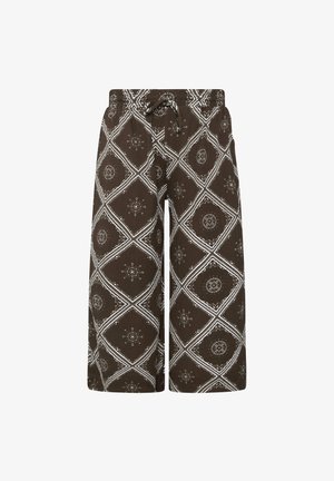 Bruine brede broekspijpen met een wit geometrisch diamant- en cirkelpatroon, voorzien van een taille met trekkoord.
