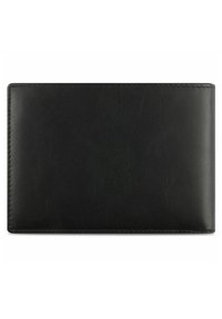 Black leather wallet, rectangular shape, smooth texture, clean edges, no visible hardware, simple design with no patterns or accents.