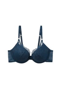 Marine kant en gaas beha met padded cups, verstelbare bandjes en een haak-en-oogsluiting. Bloemenpatronenaccenten op de cups.