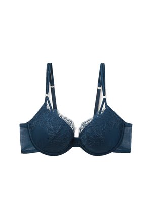 Navyblauer Spitzen- und Mesh-BH mit gepolsterten Cups, verstellbaren Trägern und Hakenverschluss. Florale Musterakzente auf den Cups.