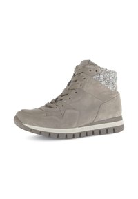 Mid-top sneaker gemaakt van lichtgrijs suede met een textuur, gebreid kraag. Beschikt over een witte en grijze rubberen zool met een gekarteld loopvlak.