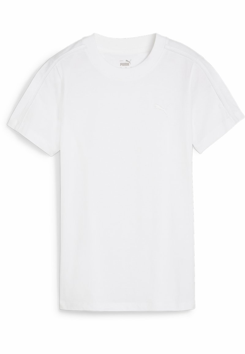 T-shirt in cotone bianco con scollo rotondo, maniche corte e un sottile logo Puma sul petto. Texture liscia e design semplice.