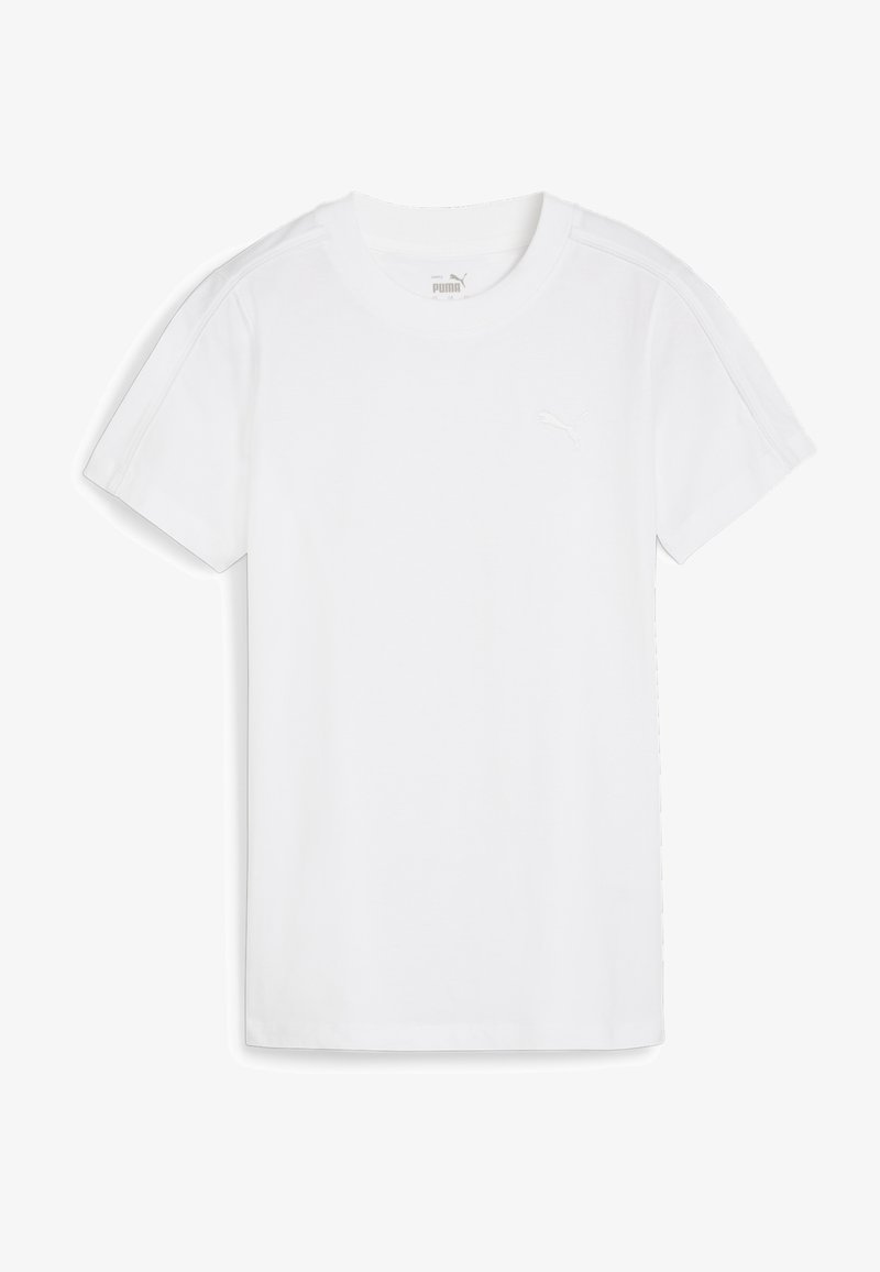Witte katoenen t-shirt met een ronde hals, korte mouwen en een subtiele Puma-logo op de borst. Soepele textuur en eenvoudig ontwerp.