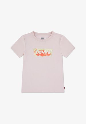 Šviesiai rožinė medvilninė marškinėliai su apvalia kaklo linija ir trumpomis rankovėmis. Centre yra spalvingas gėlių „Levi's“ grafikas.