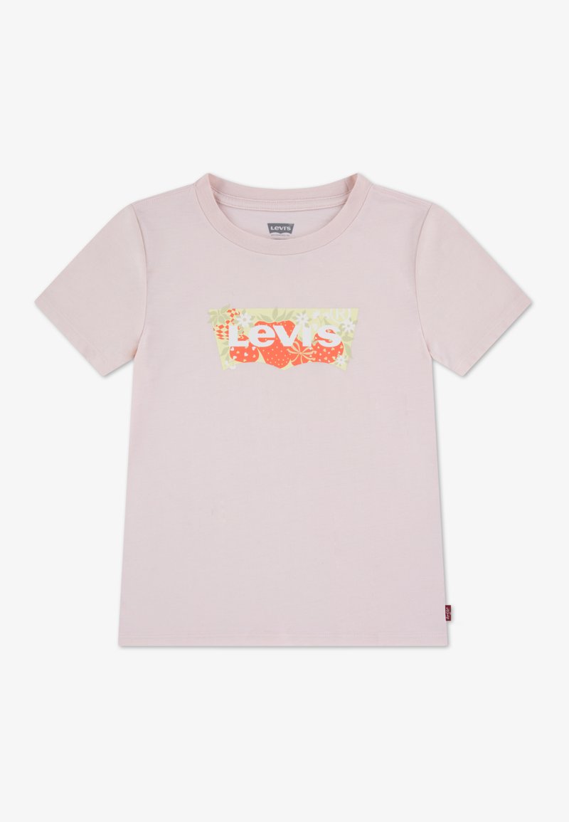 Ανοιχτό ροζ βαμβακερό T-shirt με στρογγυλή λαιμόκοψη και κοντά μανίκια. Διαθέτει πολύχρωμο λουλουδάτο γραφικό "Levi's" στο κέντρο.