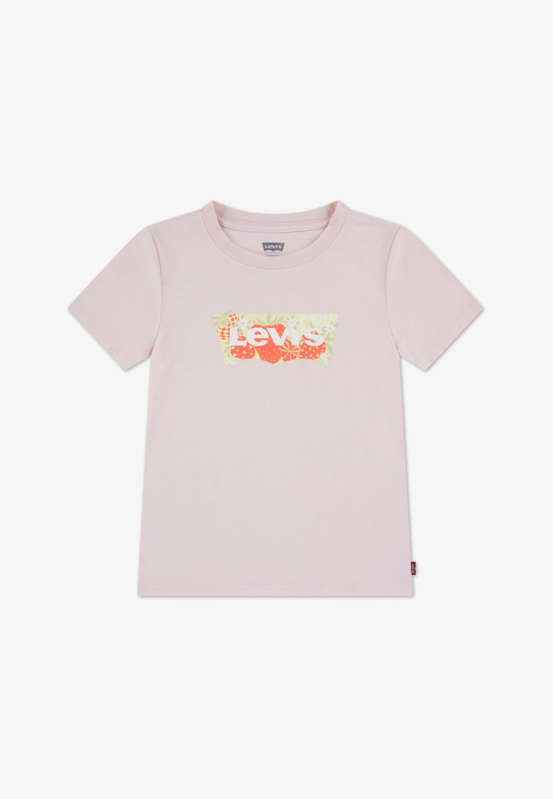 Ανοιχτό ροζ βαμβακερό T-shirt με στρογγυλή λαιμόκοψη και κοντά μανίκια. Διαθέτει πολύχρωμο λουλουδάτο γραφικό "Levi's" στο κέντρο.