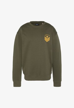 Olivengroene sweatshirt van katoen, met een ronde hals, geribde manchetten en een geel borstafbeelding met sterren en chevrons.