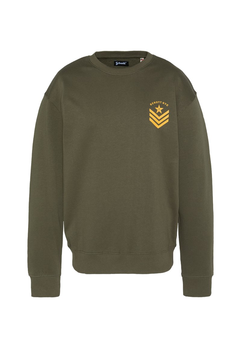 Bluza w kolorze oliwkowej zieleni wykonana z bawełny, z okrągłym dekoltem, ściągaczami na rękawach oraz żółtą grafiką na piersi z gwiazdkami i szewronami.