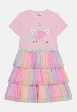 Pink short-sleeve dress with a sequin unicorn face on the bodice and pastel rainbow layered tulle skirt.