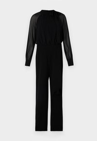 Zwarte jumpsuit met hoge hals en lange doorzichtige mouwen. Strakke lijfje dat overgaat in wijde broekspijpen. Glad fabric met een lichte glans.
