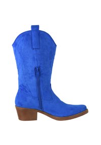Bota de vaquero azul brillante hecha de ante, con costuras decorativas, un zipper lateral y un tacón cuadrado marrón.