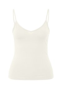 Weiße Baumwoll-Camisole mit V-Ausschnitt und dünnen verstellbaren Trägern. Figurbetontes Design mit glatter Textur und ohne sichtbare Muster oder Hardware.