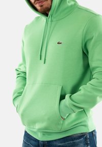 Felpa verde con cappuccio, dotata di tasca frontale, cordini regolabili, polsini a coste e un piccolo logo decorativo sul petto. Realizzata in morbido cotone.