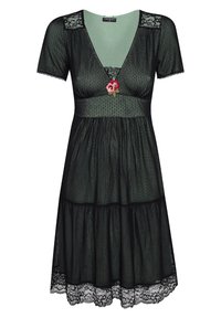 Zwarte kanten jurk met korte mouwen, V-hals en gelaagd ontwerp. Heeft een bloemrijke borduursel op de buste en een gestructureerde stof.