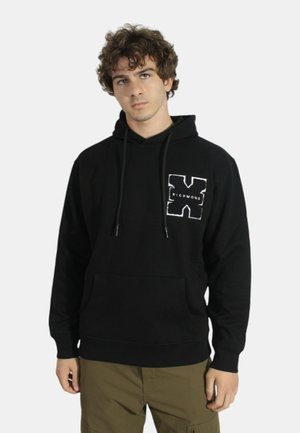 Felpa nera con cappuccio, tasca a forma di canguro frontale, cordini e un logo bianco ricamato sul petto, realizzata in un tessuto morbido e strutturato.