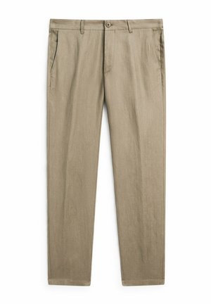 Khaki kalhoty vyrobené z texturované látky s předními kapsami, zapínáním na zip a knoflík. Střih s rovnými nohavicemi a čistým zakončením.