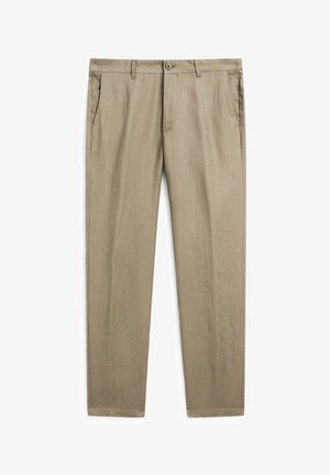 Khaki broek gemaakt van textuurstof met voorzakken, ritssluiting en knoopsluiting. Rechte pijpen met een nette afwerking.