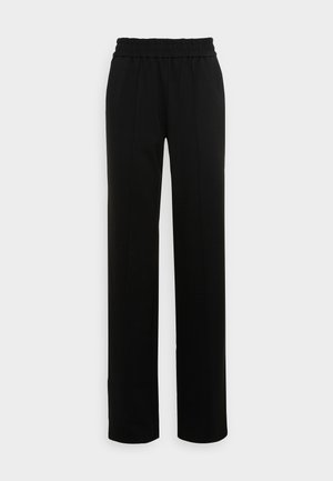Schwarze, weit geschnittene Hose mit einem strukturierten, elastischen Bund. Hat gerade Linien und eine glatte Stoffoberfläche, die eine lässige Silhouette bietet.