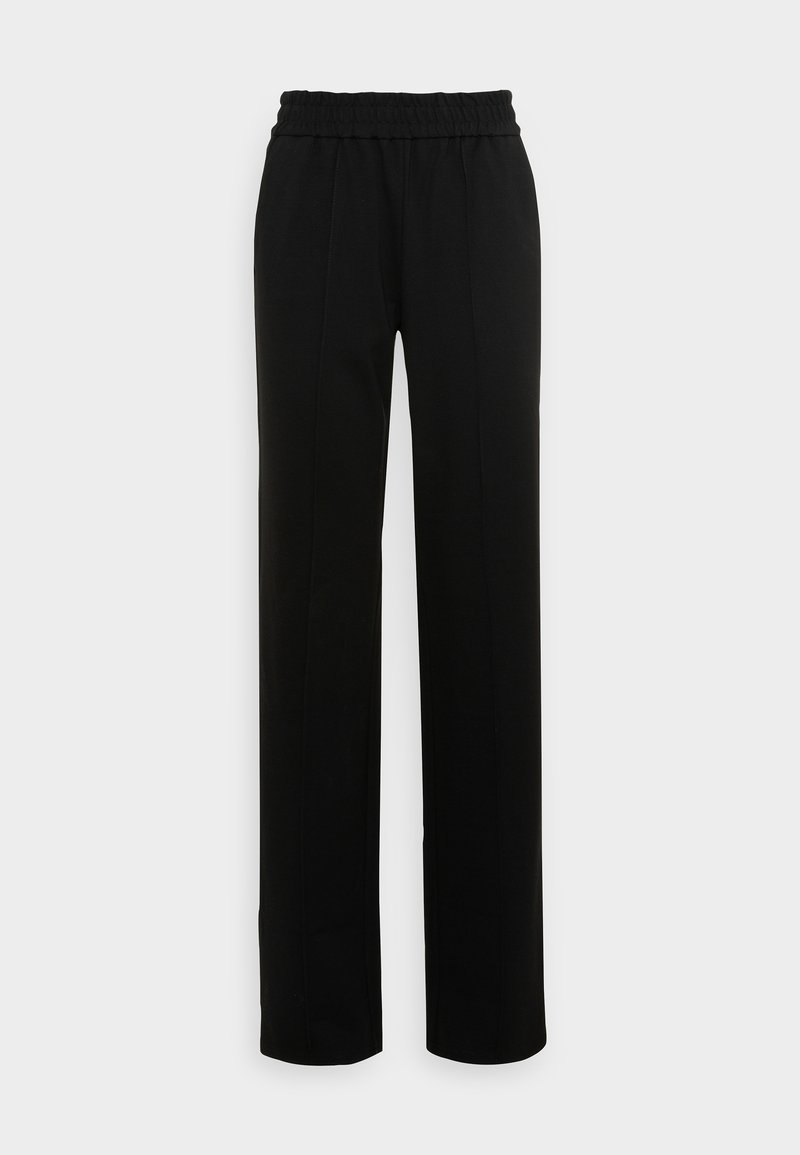 Pantalons noirs à jambes larges avec une taille élastique texturée. Caractéristiques de lignes droites et d'une finition en tissu lisse, offrant une silhouette décontractée.
