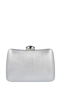 Bolso de mano plateado con acabado texturizado, forma rectangular y cierre metálico. Bordes suaves y superficie sutilmente reflectante.