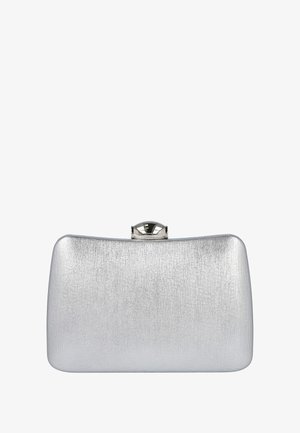 Bolso de mano plateado con acabado texturizado, forma rectangular y cierre metálico. Bordes suaves y superficie sutilmente reflectante.