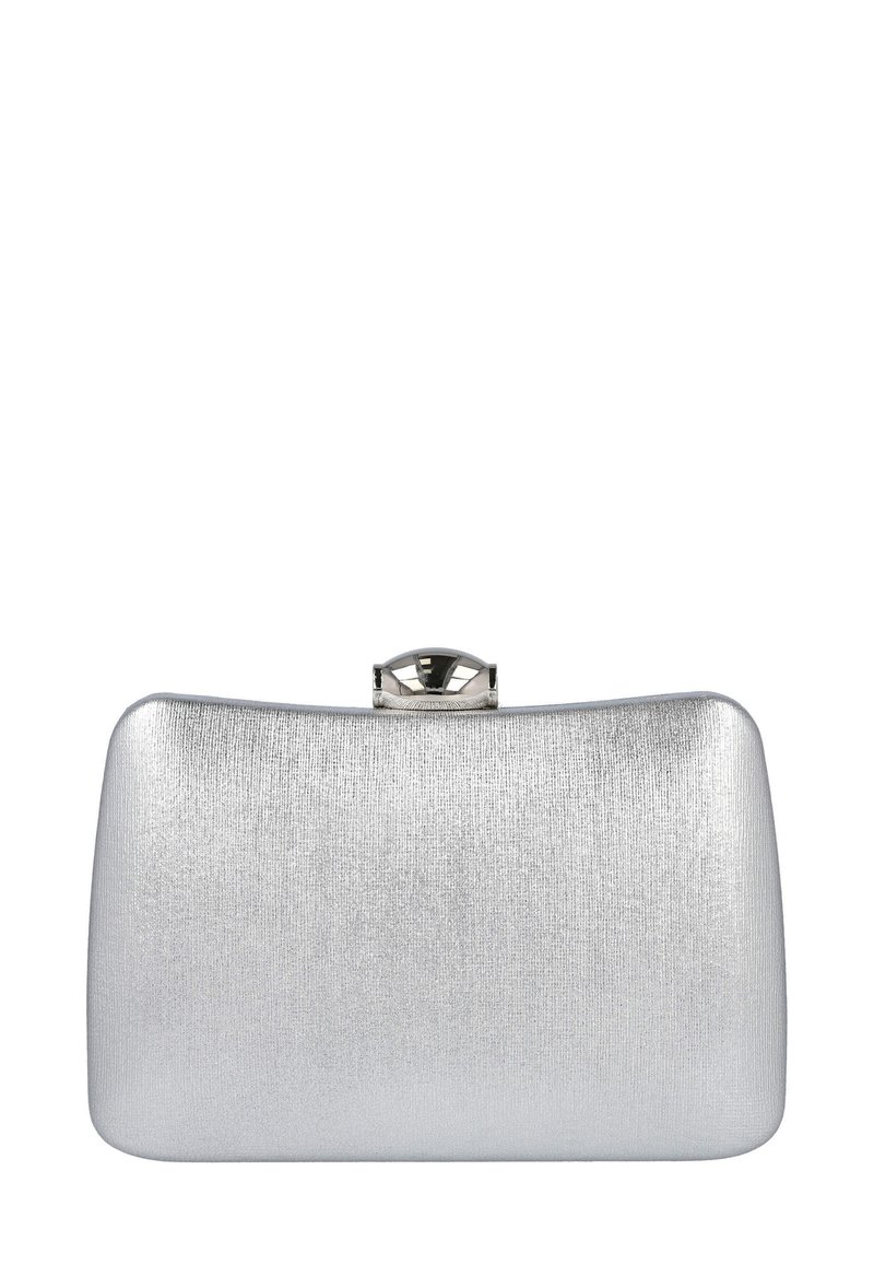 Bolso de mano plateado con acabado texturizado, forma rectangular y cierre metálico. Bordes suaves y superficie sutilmente reflectante.