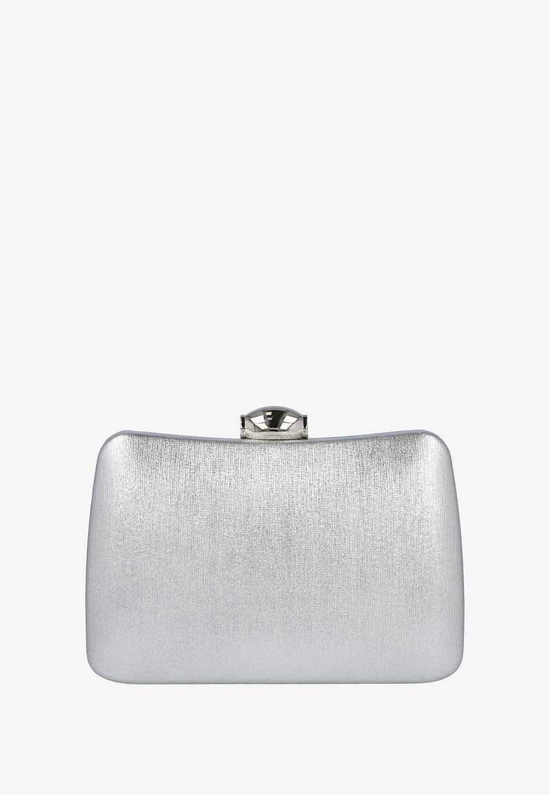 Bolso de mano plateado con acabado texturizado, forma rectangular y cierre metálico. Bordes suaves y superficie sutilmente reflectante.