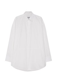 Witte, lang mouwige blouse met een kraag, met een rechte snit en een gladde textuur. Geen zichtbare patronen of versieringen.