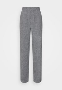 Grijs broek met houndstoothpatroon, met een rechte pijp, enkele tailleband en zonder zichtbare hardware. De stof lijkt gestructureerd en op maat gemaakt.