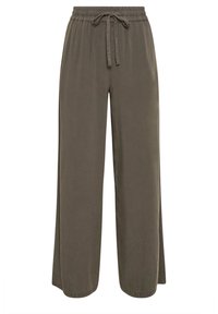 Olijfgroene wijde broek van zacht materiaal met een elastische tailleband en een trekkoord aan de voorkant. Gladde textuur, geen patronen.