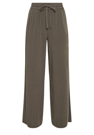 Oliwkowe spodnie szerokie wykonane z miękkiego materiału z elastycznym paskiem w talii i sznurkiem do wiązania z przodu. Gładka tekstura, bez wzorów.
