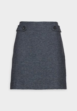 Jupe crayon en tissu texturé bleu marine présentant deux boutons sur le devant et une taille mi-haute avec une coupe droite.