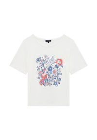 Camiseta de algodón blanca con un corte holgado, que presenta un colorido estampado floral en rojo, azul y verde en el centro. Cuello redondo, mangas cortas.