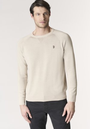 Uomo con maglione beige a maniche lunghe con piccolo logo ricamato sul petto e pantaloni neri, in piedi davanti a uno sfondo chiaro e uniforme.