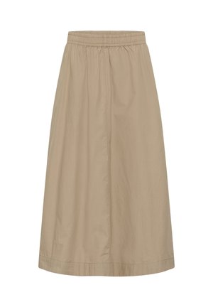 Béžová sukňa áčkového strihu s elastickým pásom, detailom predného švu a dĺžkou do kolien.