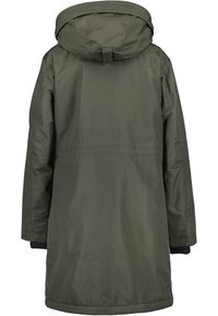 Olivegrüne, lange Parka mit Kapuze, aus glattem, wasserabweisendem Material gefertigt. Verfügt über einen Kordelzug und ein reflektierendes Logo auf der Rückseite.
