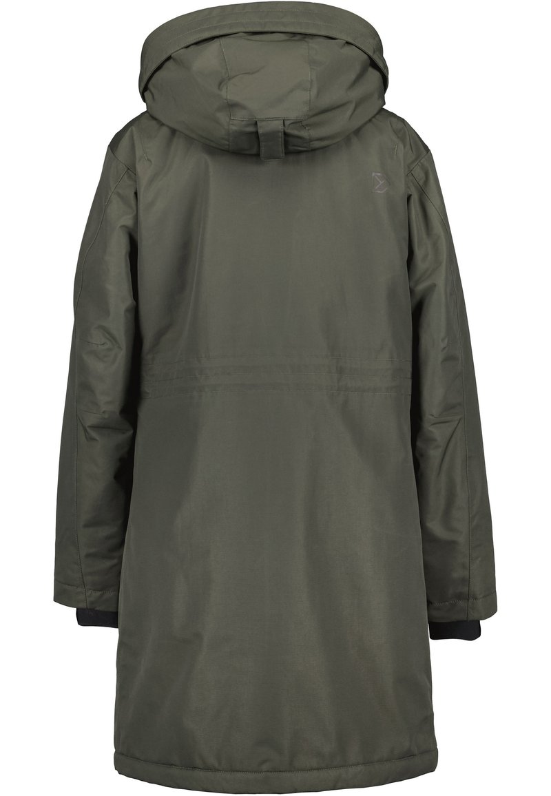 Olivegrüne, lange Parka mit Kapuze, aus glattem, wasserabweisendem Material gefertigt. Verfügt über einen Kordelzug und ein reflektierendes Logo auf der Rückseite.